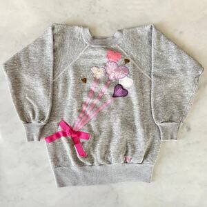 Vintage 80s Girl's Heather Gray Raglan Pink + Purple Heart Appliqué Sweatshirt